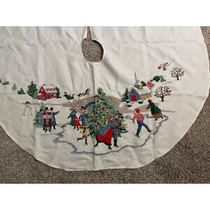 Cross Stitch DICKENS Village Christmas Tree Skirt COMPLETED Church Carolers